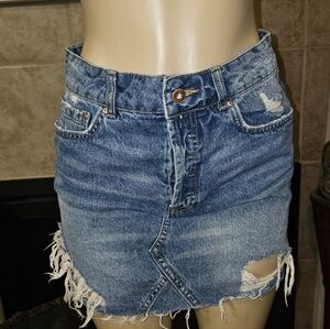 Zara Basic Z1975 Denim A-Line Skirt Women's Size S Blue Button Fly Distressed.